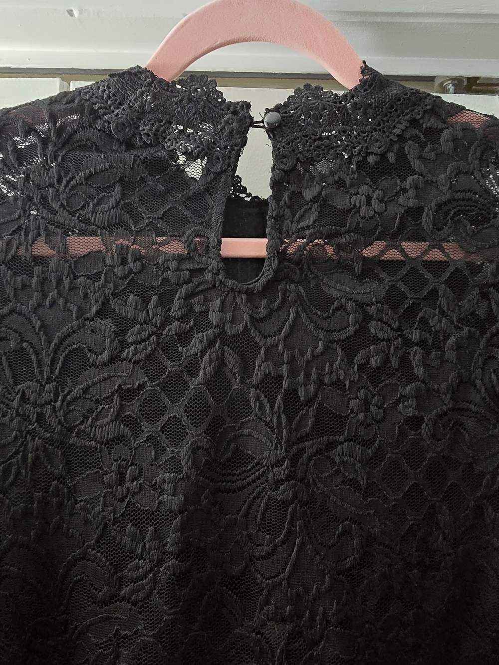 NWOT: Ultra Pink: Black Lace Long-Sleeve Blouse - Elegant Sheer Top - Picture 9 of 11